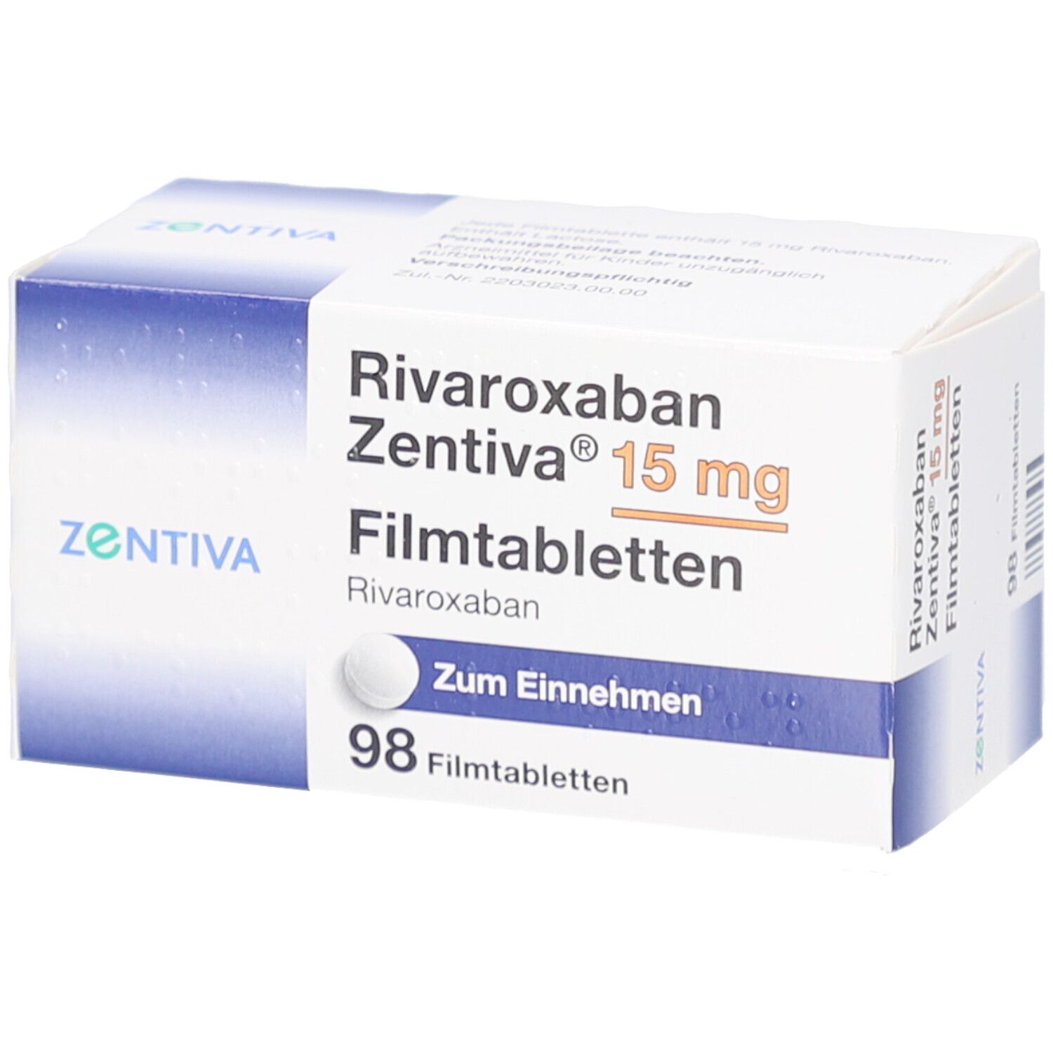 Schachtel mit Rivaroxaban Zentiva 15 mg Filmtabletten. Enthält 98 Tabletten. Aufschrift: Zum Einnehmen.