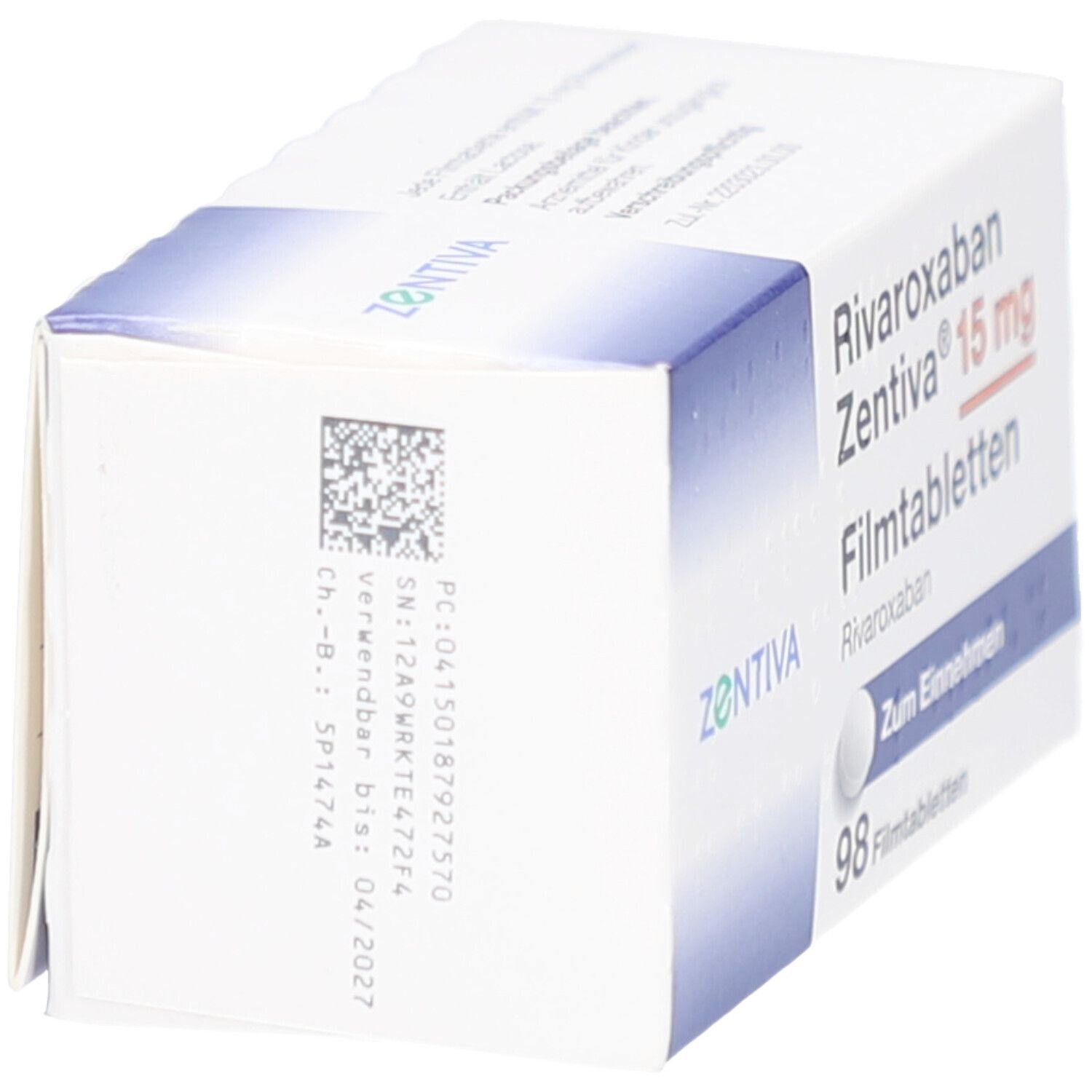 Schachtel mit Rivaroxaban Zentiva 15 mg Filmtabletten. Seitenansicht mit Barcode und Produktionsdaten.