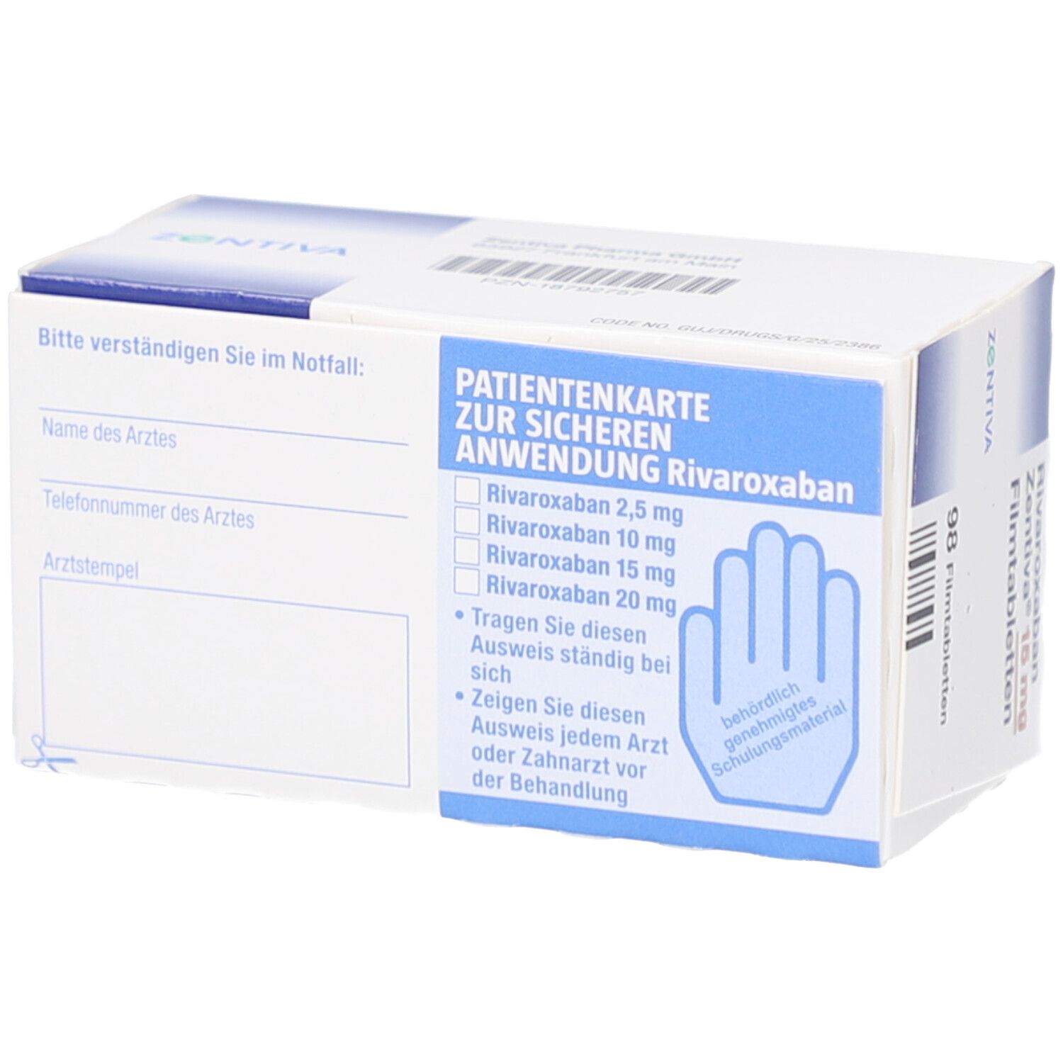 Schachtel mit Rivaroxaban Zentiva 15 mg Filmtabletten. Rückseite mit Patientenkarte zur sicheren Anwendung.