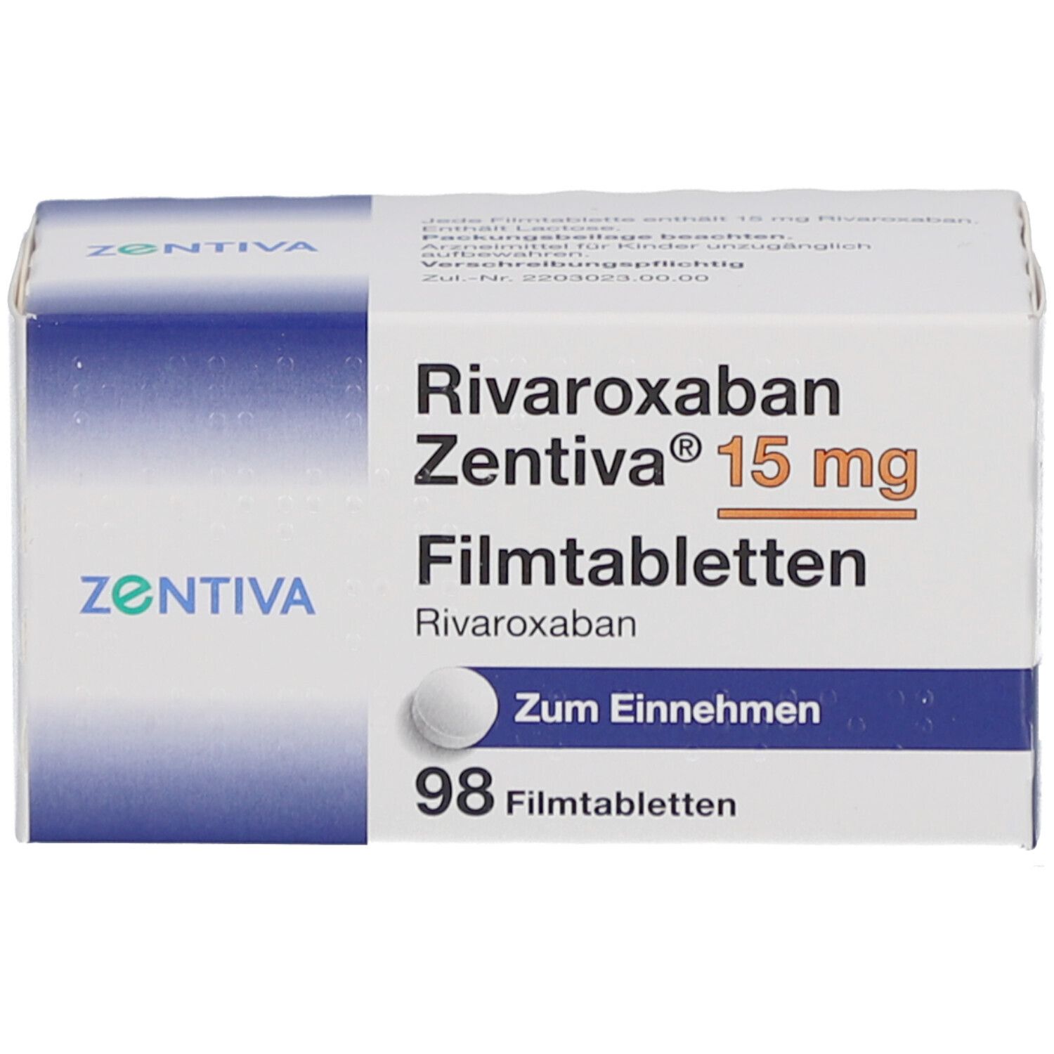 Schachtel mit Rivaroxaban Zentiva 15 mg Filmtabletten. Enthält 98 Tabletten. Aufschrift: Zum Einnehmen.