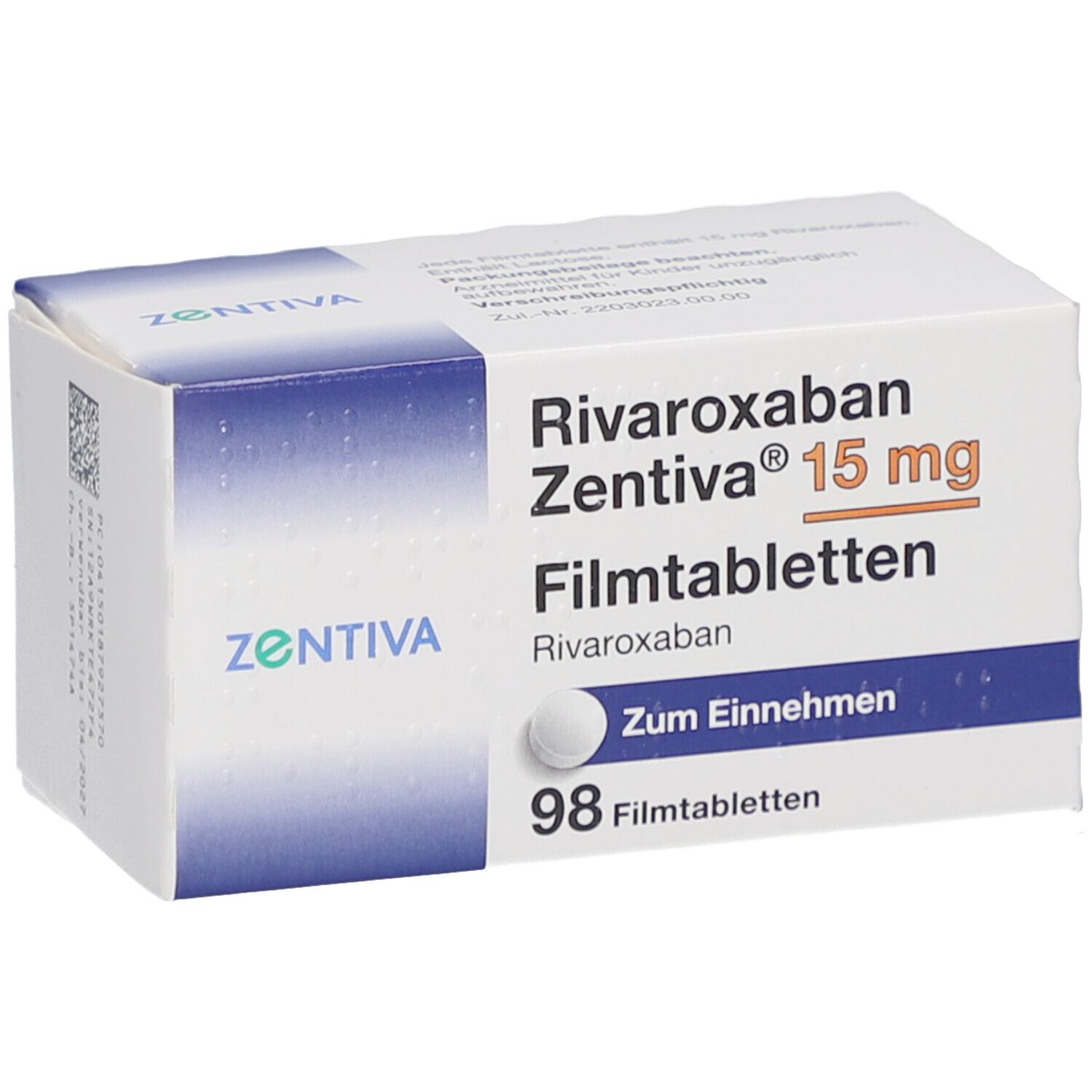 Schachtel mit Rivaroxaban Zentiva 15 mg Filmtabletten. Enthält 98 Tabletten. Aufschrift: Zum Einnehmen.