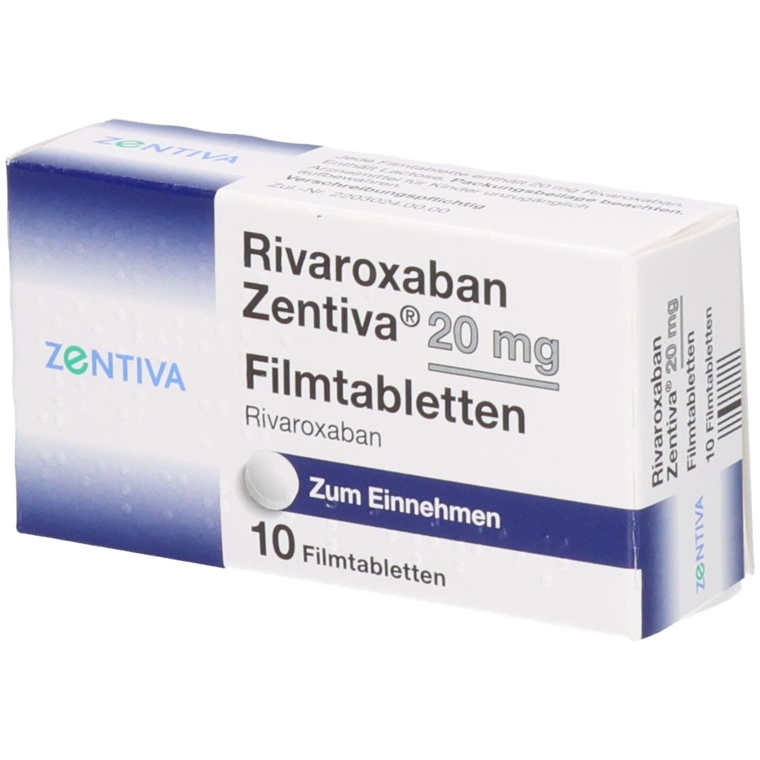Schachtel mit Rivaroxaban Zentiva 20 mg Filmtabletten. Enthält 10 Tabletten. Blaue und weiße Verpackung mit Logo.