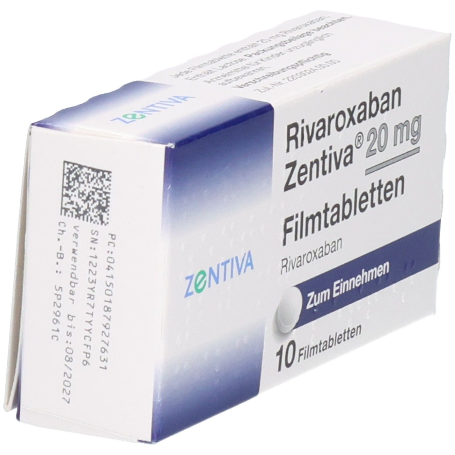 Schachtel Rivaroxaban Zentiva 20 mg Filmtabletten. 10 Tabletten. Weiße und blaue Verpackung. QR-Code und Chargennummer.
