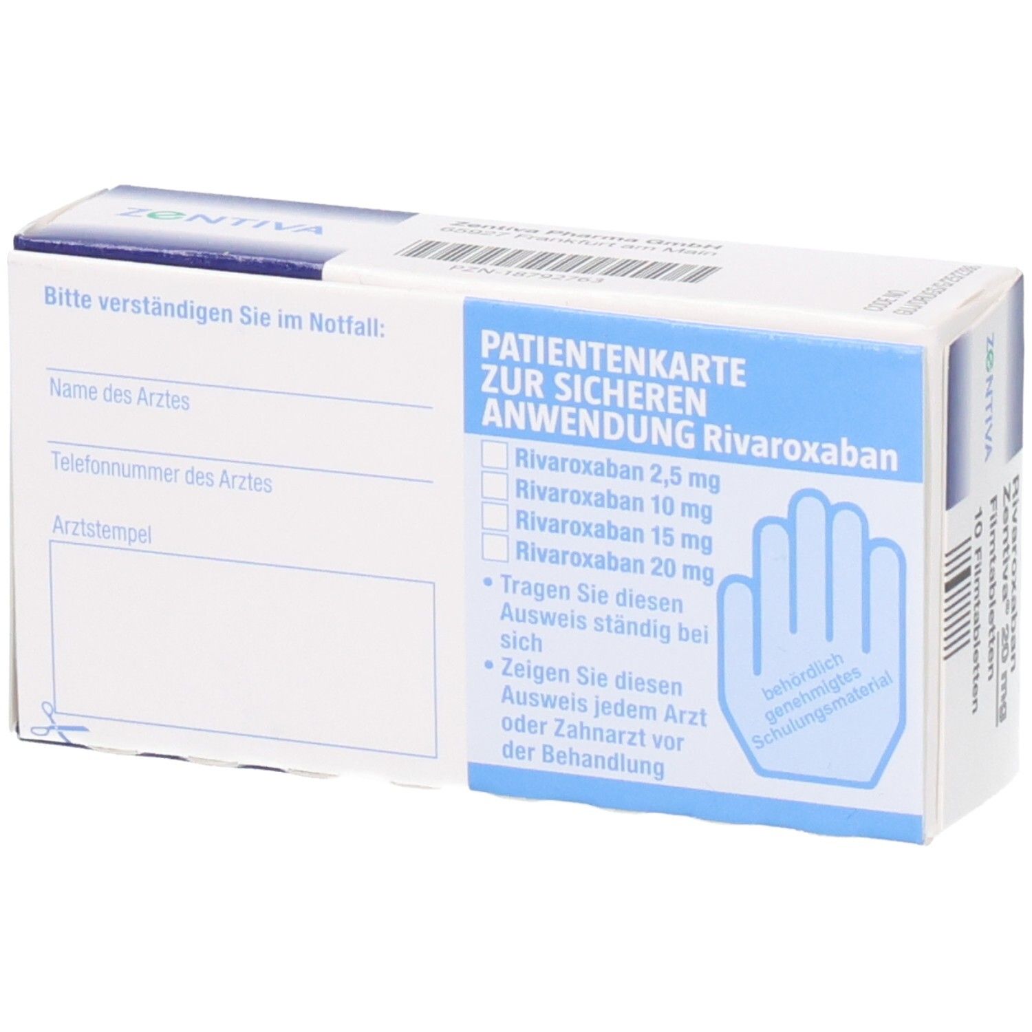 Rückseite der Schachtel mit Informationen zur sicheren Anwendung von Rivaroxaban. Enthält eine Patientenkarte.