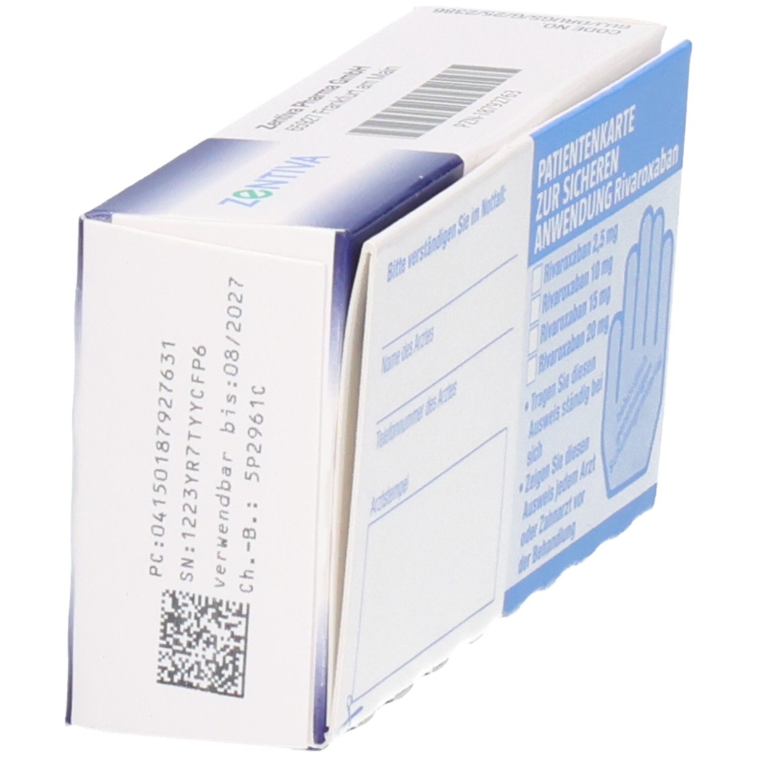 Schachtel mit Informationen zur sicheren Anwendung von Rivaroxaban. Enthält eine Patientenkarte und QR-Code.