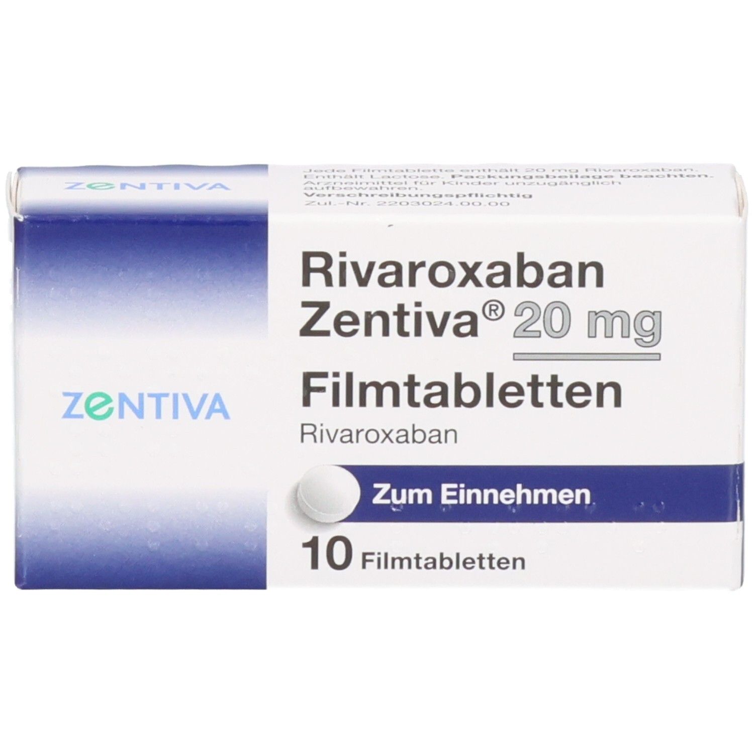 Schachtel mit Rivaroxaban Zentiva 20 mg Filmtabletten. 10 Tabletten. Weiße und blaue Verpackung. Tabletten sichtbar.