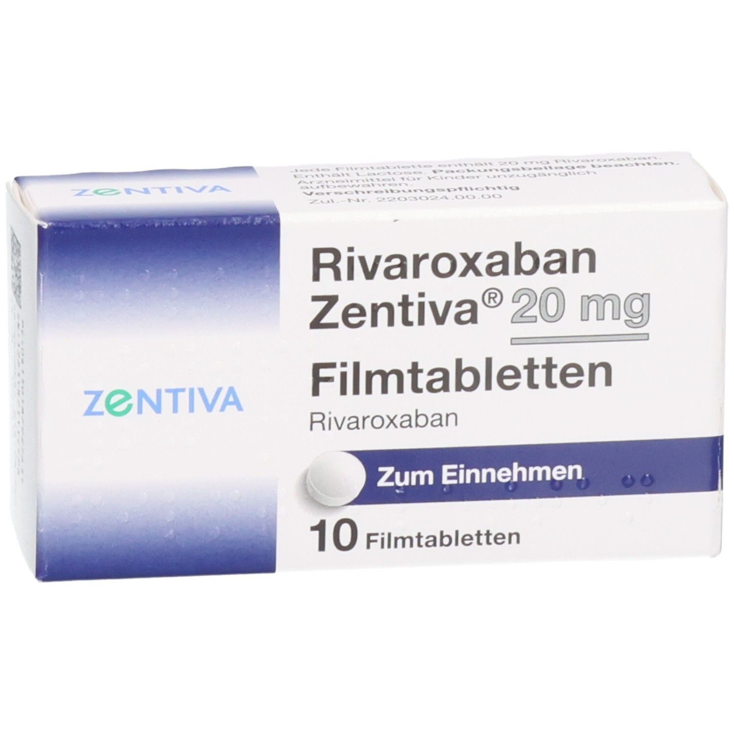 Schachtel mit Rivaroxaban Zentiva 20 mg Filmtabletten. 10 Tabletten. Weiße und blaue Verpackung. Tabletten sichtbar.