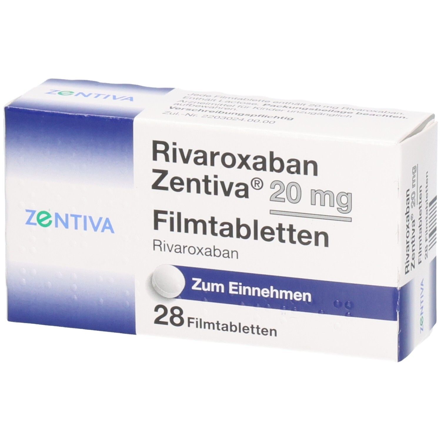 Schachtel mit Rivaroxaban Zentiva 20 mg Filmtabletten. Enthält 28 Tabletten. Marke und Produktname deutlich sichtbar.