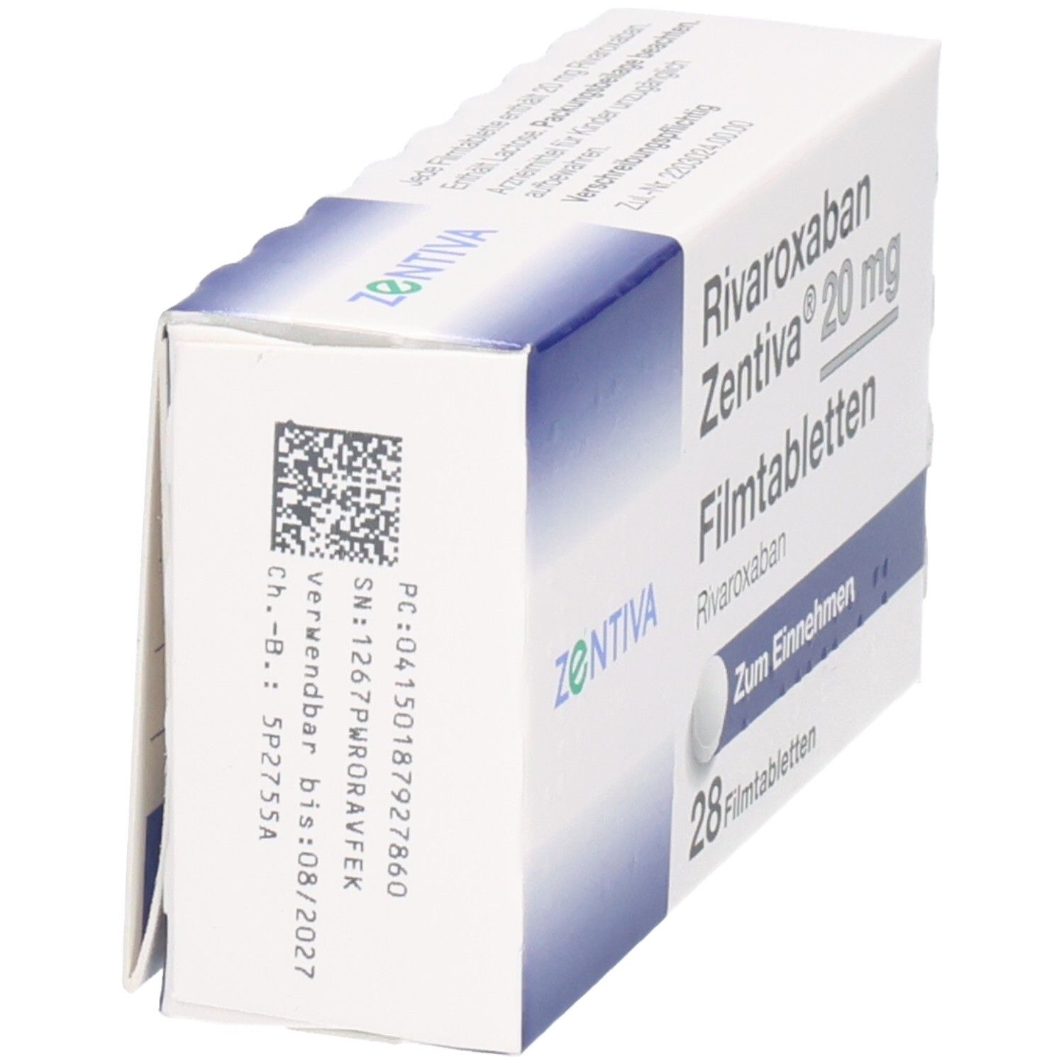 Schachtel Rivaroxaban Zentiva 20 mg. Seitenansicht mit Barcode und Verfallsdatum. Marke und Produktname sichtbar.