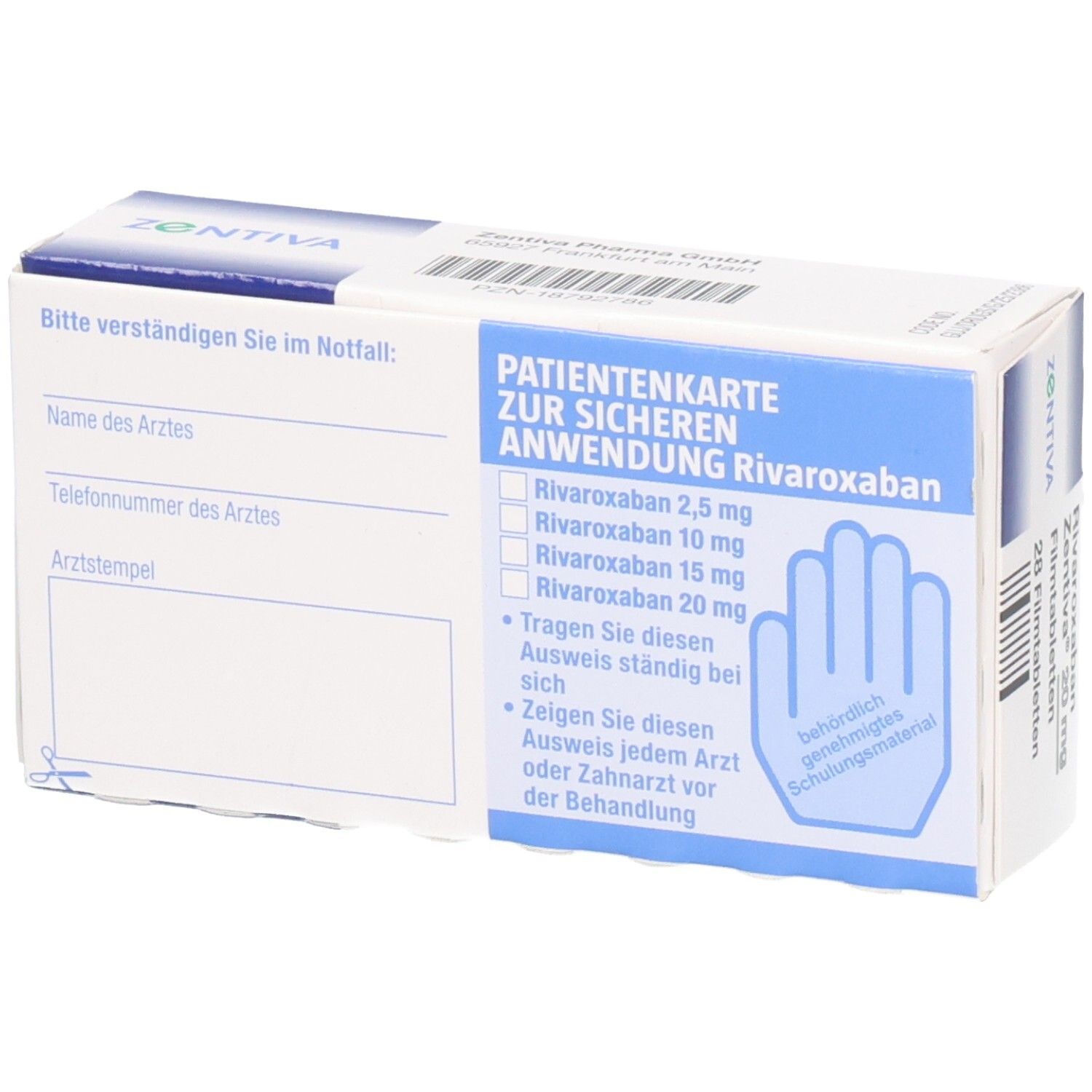 Schachtel mit Patientenkarte für sichere Anwendung von Rivaroxaban. Enthält Informationen und eine Hand-Grafik.