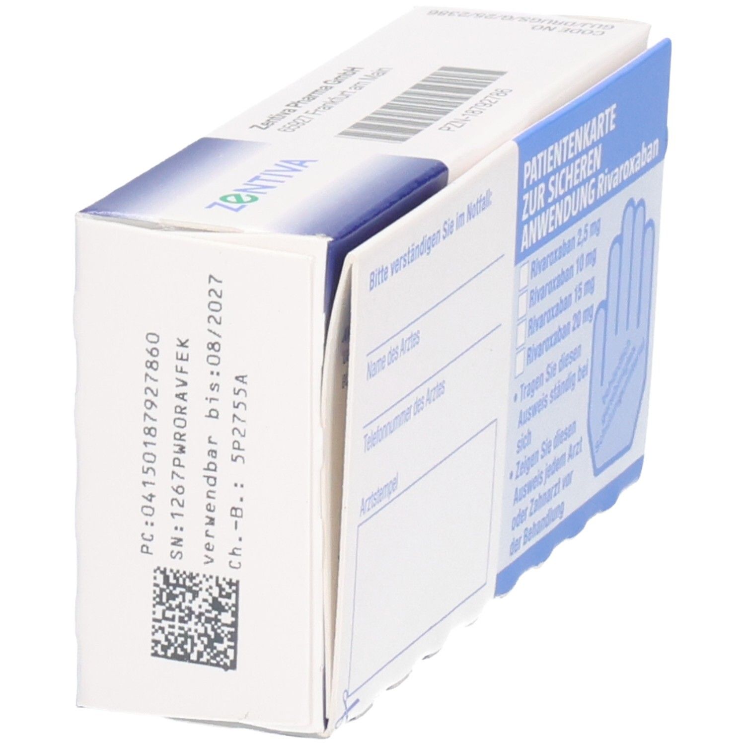 Schachtel Rivaroxaban Zentiva 20 mg. Seitenansicht mit Patientenkarte und Barcode. Marke und Produktname sichtbar.