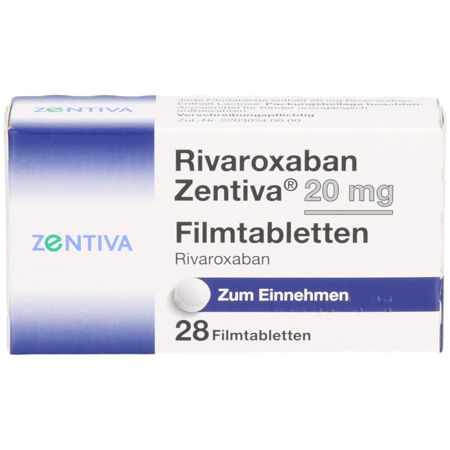 Schachtel Rivaroxaban Zentiva 20 mg Filmtabletten. Enthält 28 Tabletten. Marke und Produktname deutlich sichtbar.