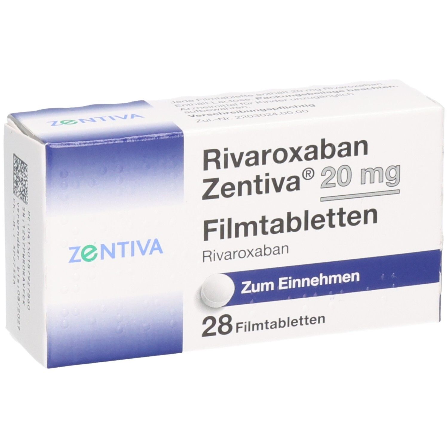 Schachtel Rivaroxaban Zentiva 20 mg Filmtabletten. Enthält 28 Tabletten. Marke und Produktname deutlich sichtbar.