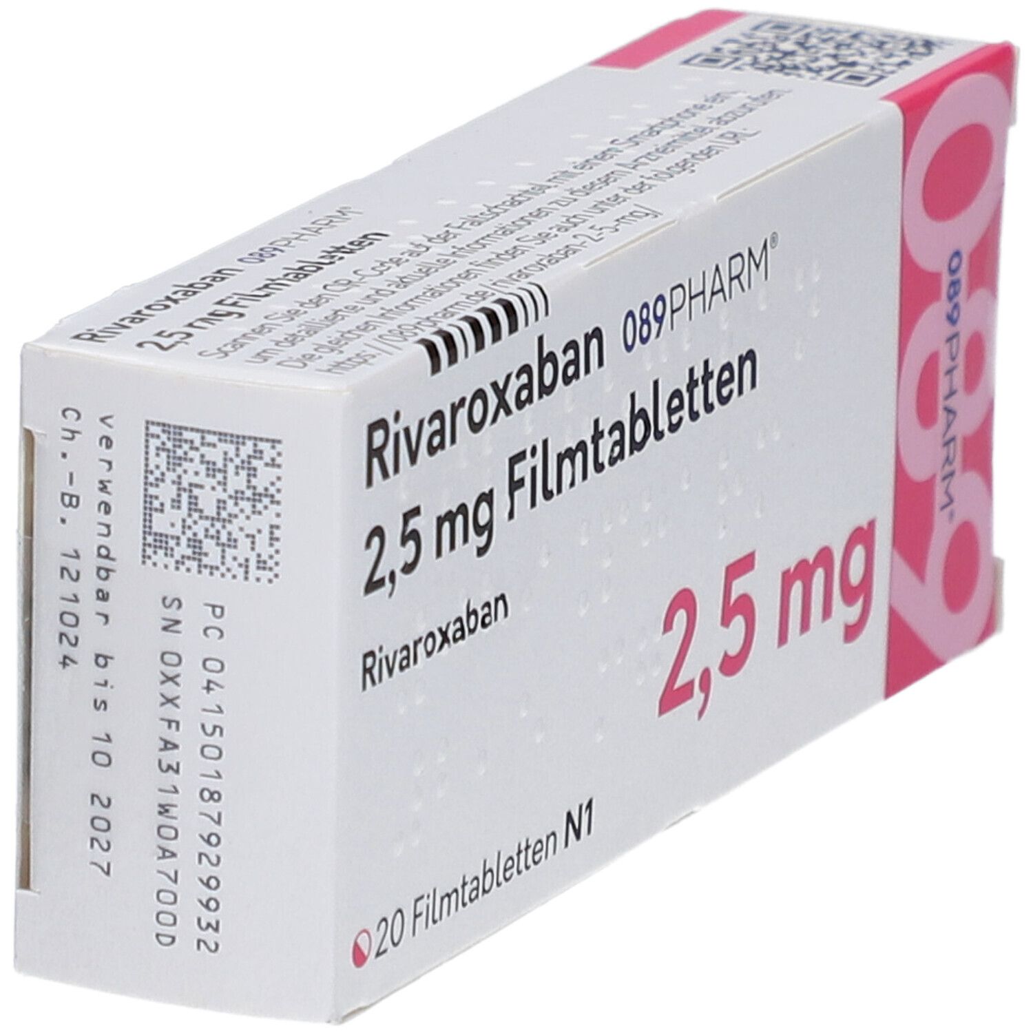 Schachtel mit Rivaroxaban 2,5 mg Filmtabletten. Aufschrift: 089PHARM, 20 Filmtabletten. Rosa und weiße Verpackung.