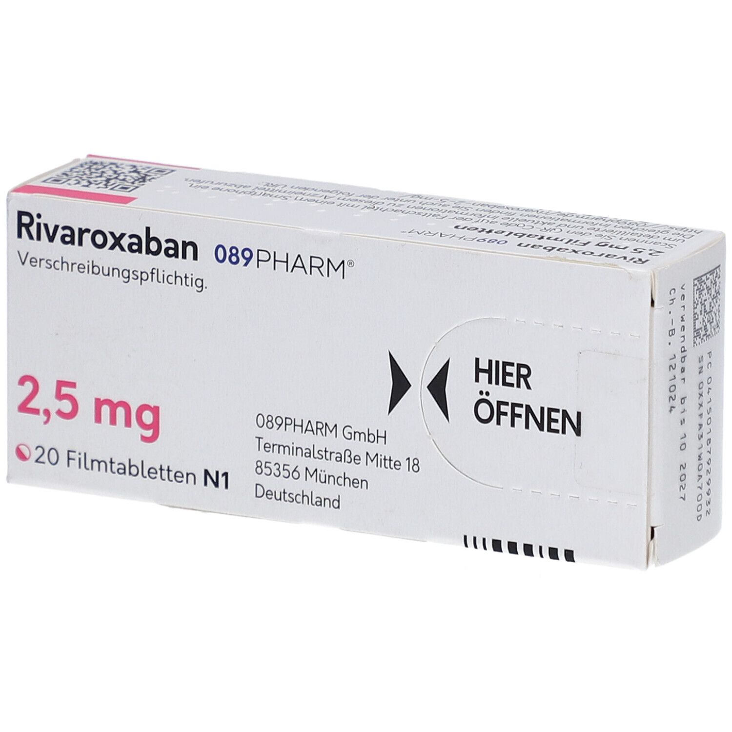 Schachtel mit Rivaroxaban 2,5 mg Filmtabletten. Aufschrift: 089PHARM, 20 Filmtabletten. Rosa und weiße Verpackung.