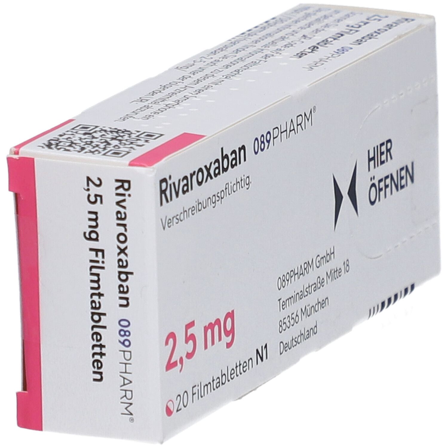 Schachtel mit Rivaroxaban 2,5 mg Filmtabletten. Aufschrift: 089PHARM, 20 Filmtabletten. Rosa und weiße Verpackung.