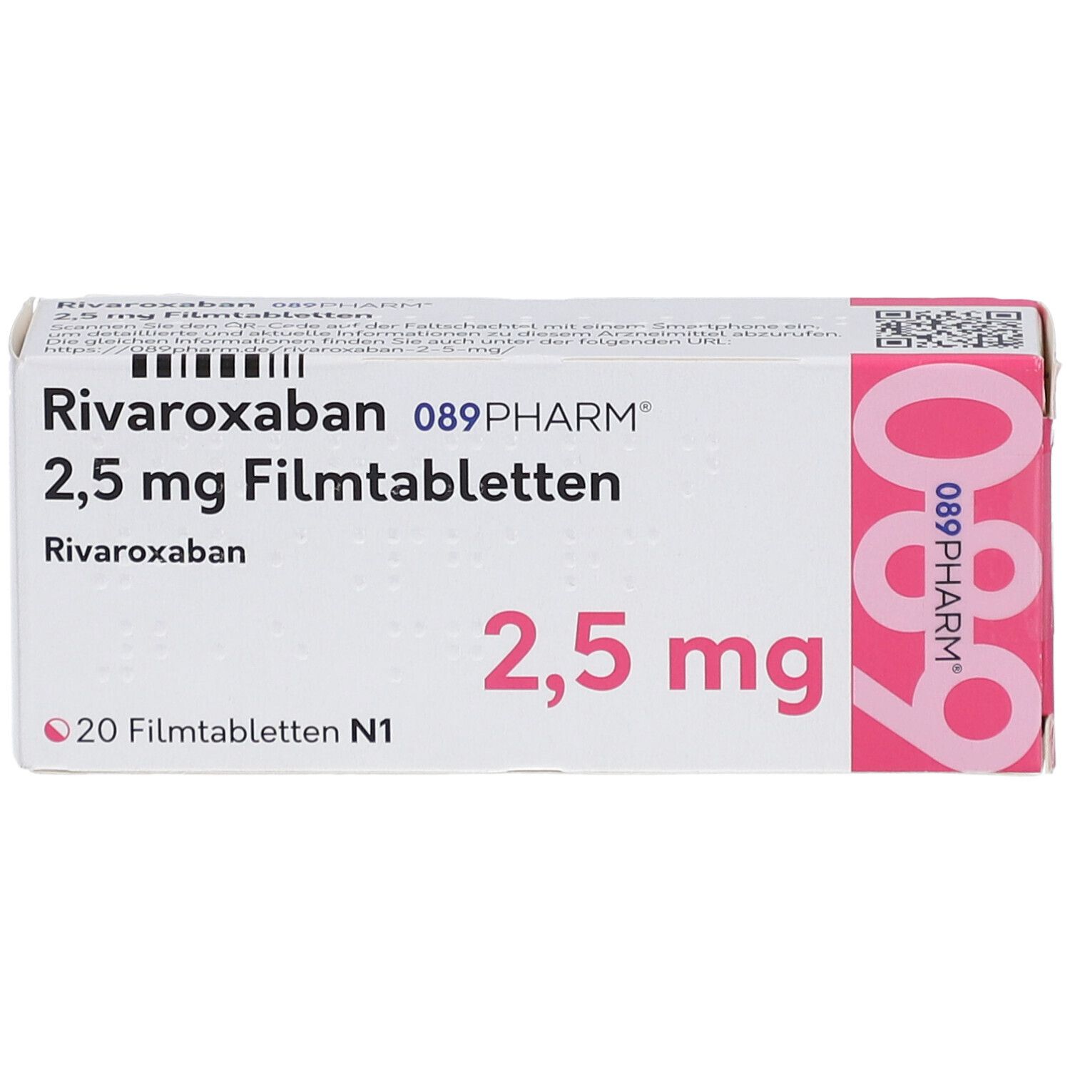 Schachtel mit Rivaroxaban 2,5 mg Filmtabletten. Aufschrift: 089PHARM, 20 Filmtabletten. Rosa und weiße Verpackung.