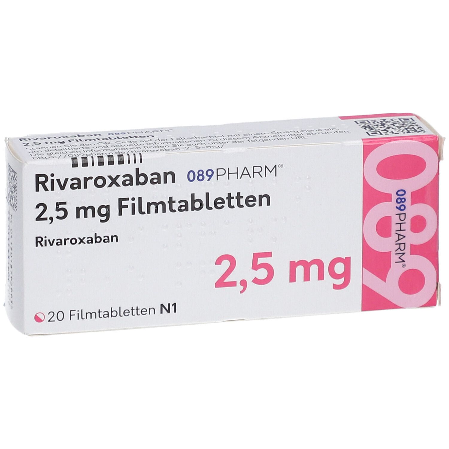 Schachtel mit Rivaroxaban 2,5 mg Filmtabletten. Aufschrift: 089PHARM, 20 Filmtabletten. Rosa und weiße Verpackung.