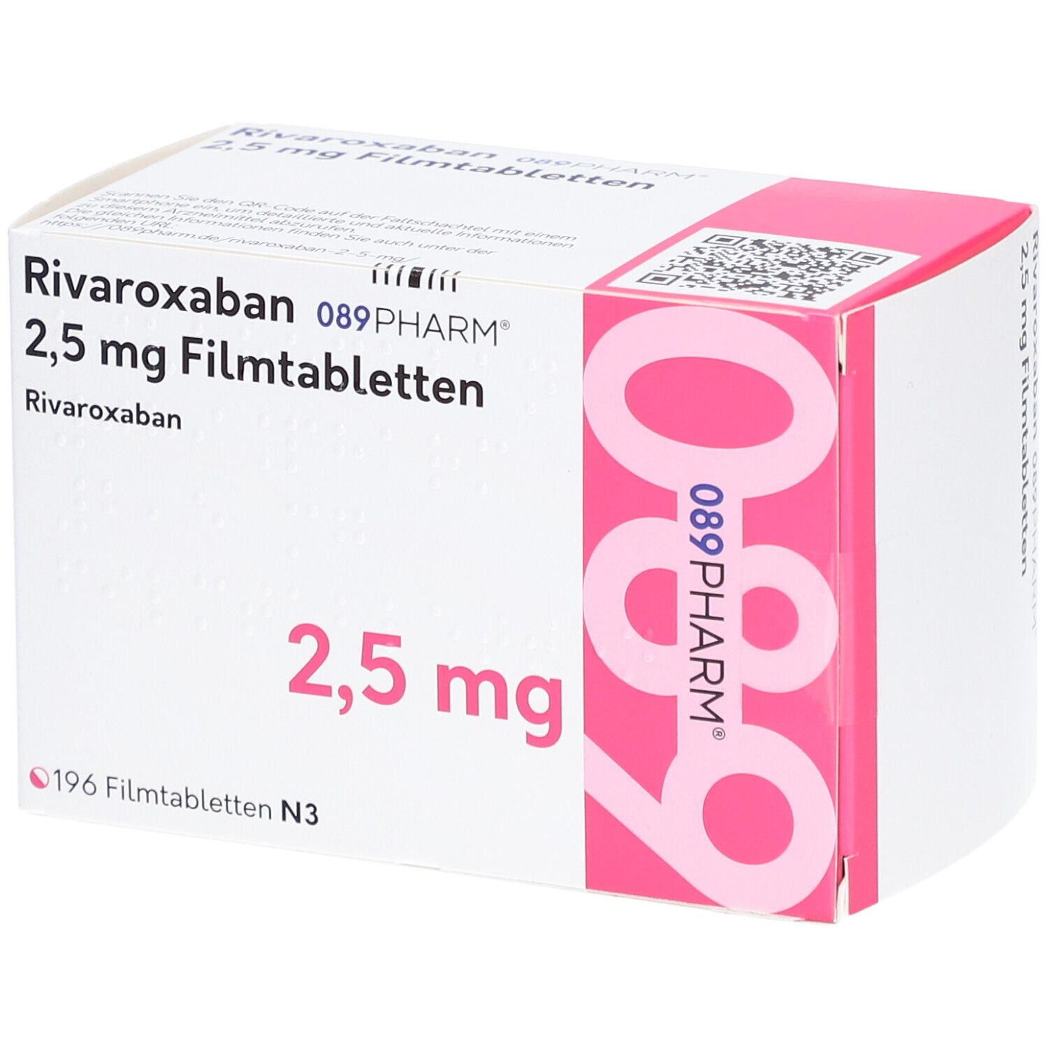Schachtel mit RIVAROXABAN 2,5 mg Filmtabletten. Aufschrift: 089PHARM, 196 Filmtabletten N3. Rosa und weiße Verpackung.