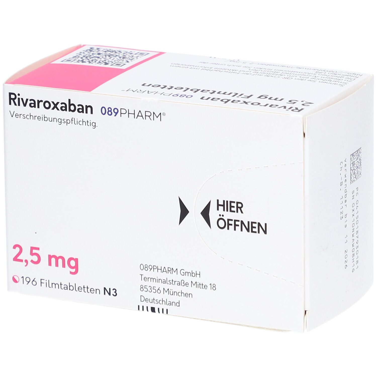 Schachtel RIVAROXABAN 2,5 mg Filmtabletten. Aufschrift: 089PHARM, 196 Filmtabletten N3. Öffnungshinweis. Rosa und weiße Verpackung.
