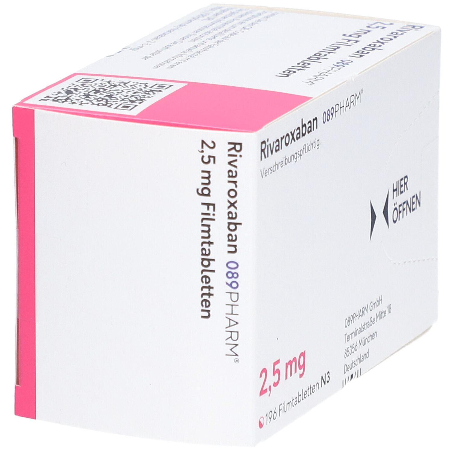 Schachtel RIVAROXABAN 2,5 mg Filmtabletten. Aufschrift: 089PHARM, 196 Filmtabletten N3. Öffnungshinweis. Rosa und weiße Verpackung.