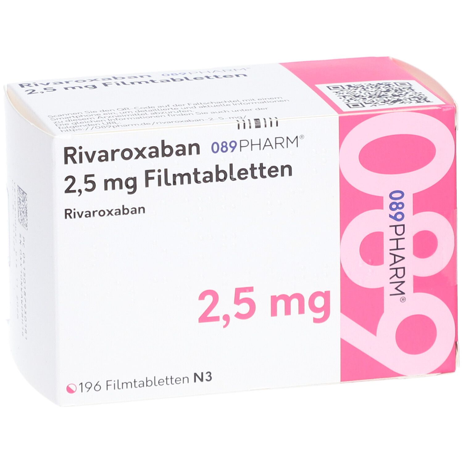 Schachtel RIVAROXABAN 2,5 mg Filmtabletten. Aufschrift: 089PHARM, 196 Filmtabletten N3. Rosa und weiße Verpackung.