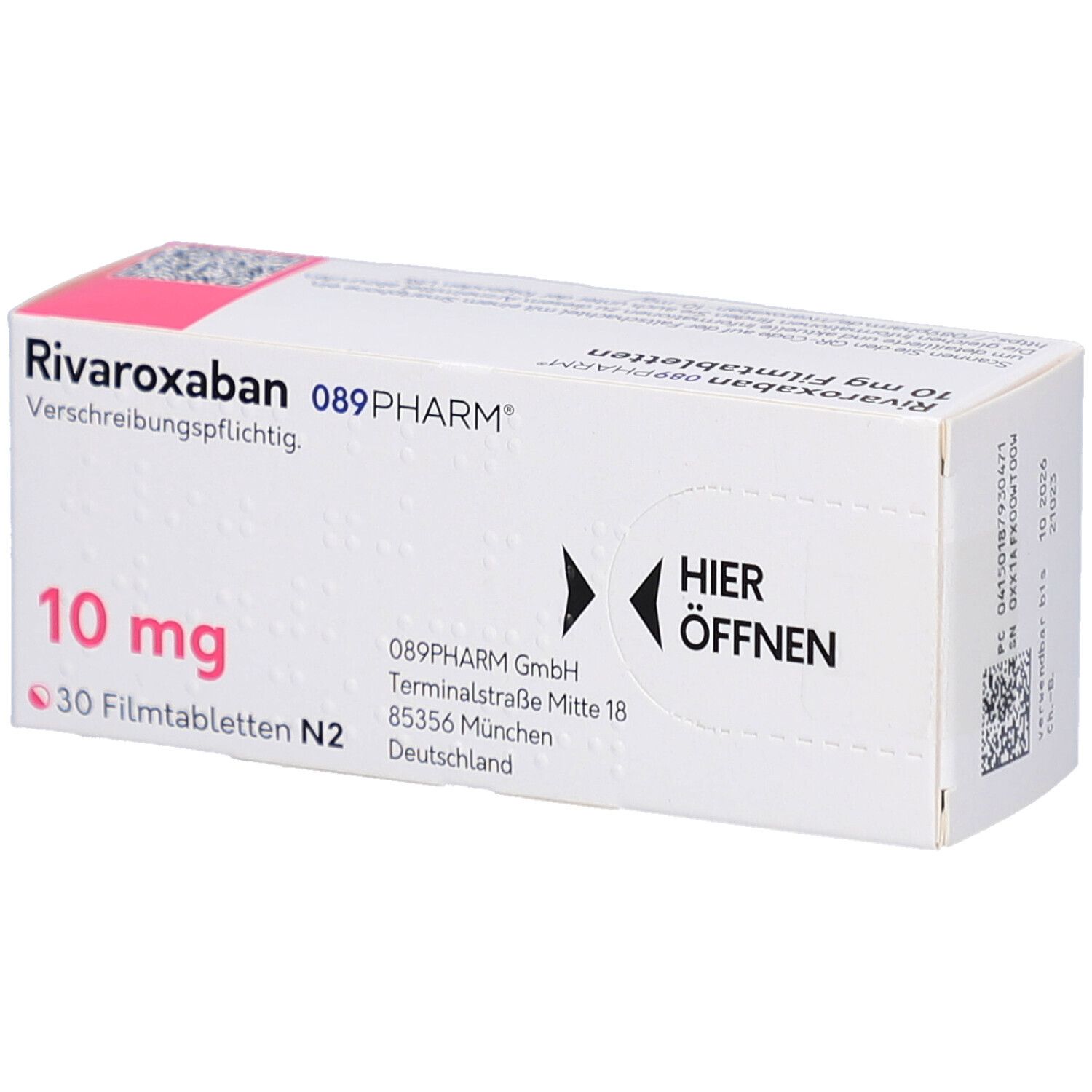 Schachtel mit RIVAROXABAN 10 mg Filmtabletten. Aufschrift: 089PHARM, 30 Filmtabletten. "Hier öffnen" Pfeil.