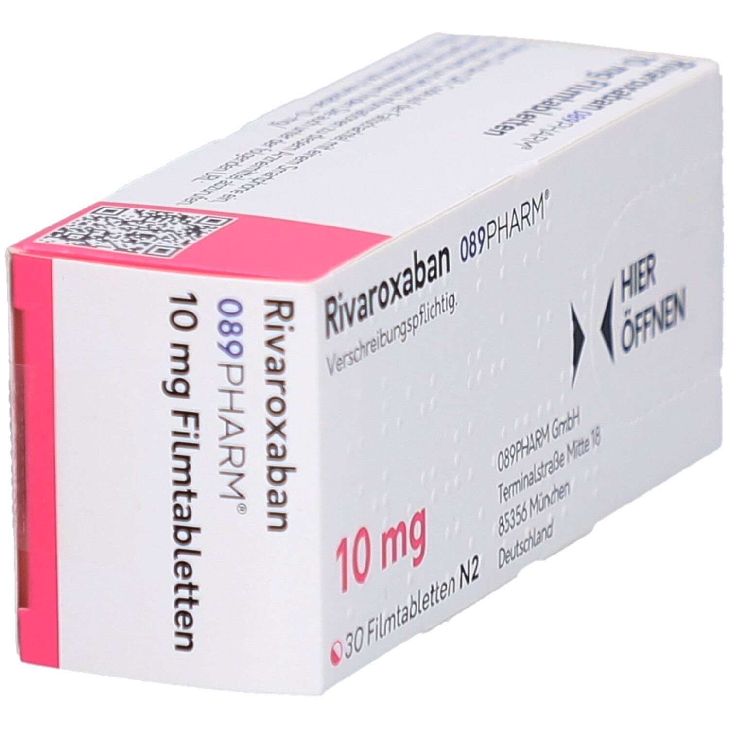 Schachtel RIVAROXABAN 10 mg Filmtabletten. Aufschrift: 089PHARM, 30 Filmtabletten. Rosa Akzent.