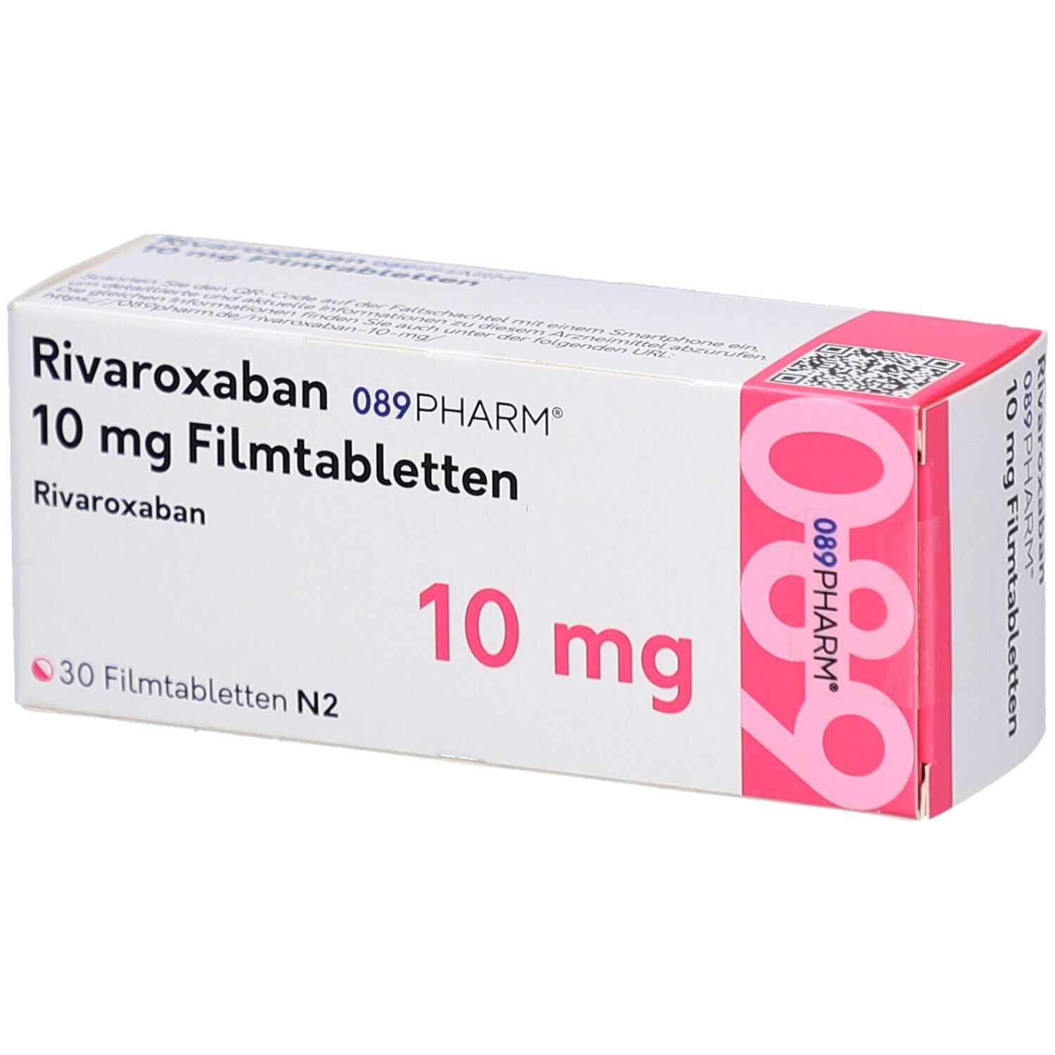 Schachtel RIVAROXABAN 10 mg Filmtabletten. Aufschrift: 089PHARM, 30 Filmtabletten. Rosa Akzent.