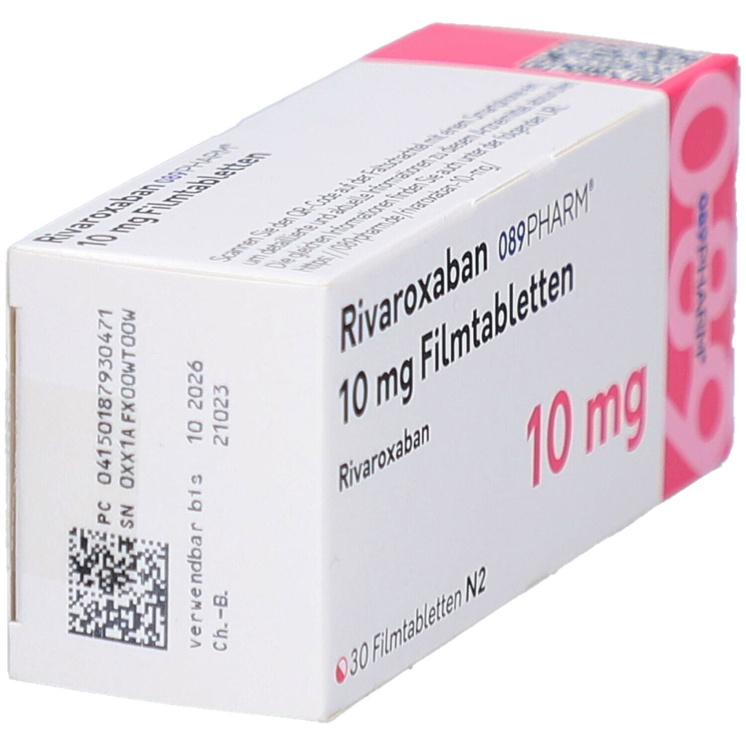 Schachtel RIVAROXABAN 10 mg Filmtabletten. Aufschrift: 089PHARM, 30 Filmtabletten. Rosa Akzent.