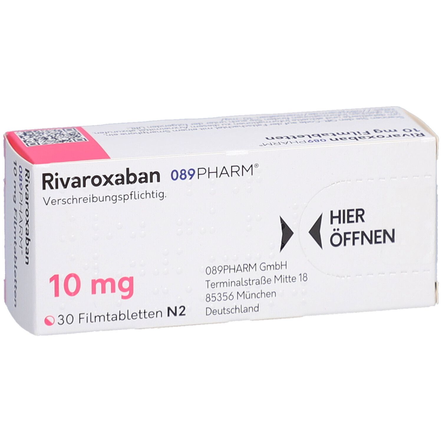 Schachtel RIVAROXABAN 10 mg Filmtabletten. Aufschrift: 089PHARM, 30 Filmtabletten. "Hier öffnen" Pfeil.
