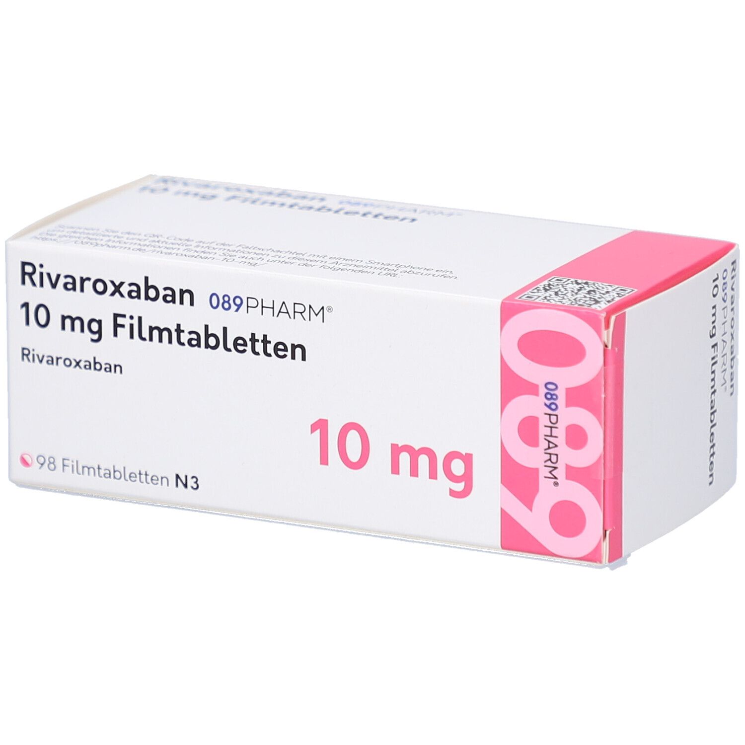 RIVAROXABAN 10 mg Filmtabletten-Packung. Weißer Karton mit rosa Akzenten. Beschriftung: 10 mg, 98 Filmtabletten.