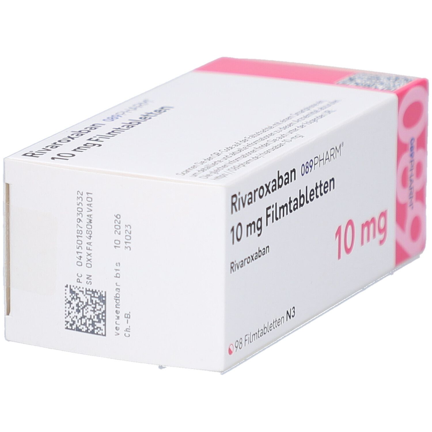 RIVAROXABAN 10 mg Filmtabletten-Packung. Weißer Karton mit rosa Akzenten. Beschriftung: 10 mg, 98 Filmtabletten, Chargennummer.