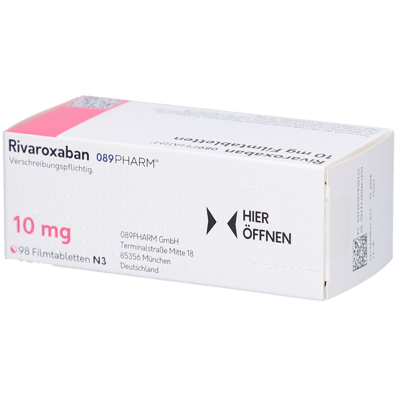 RIVAROXABAN 10 mg Filmtabletten-Packung. Weißer Karton mit rosa Akzenten. Beschriftung: 10 mg, 98 Filmtabletten, Aufschrift: Hier öffnen.