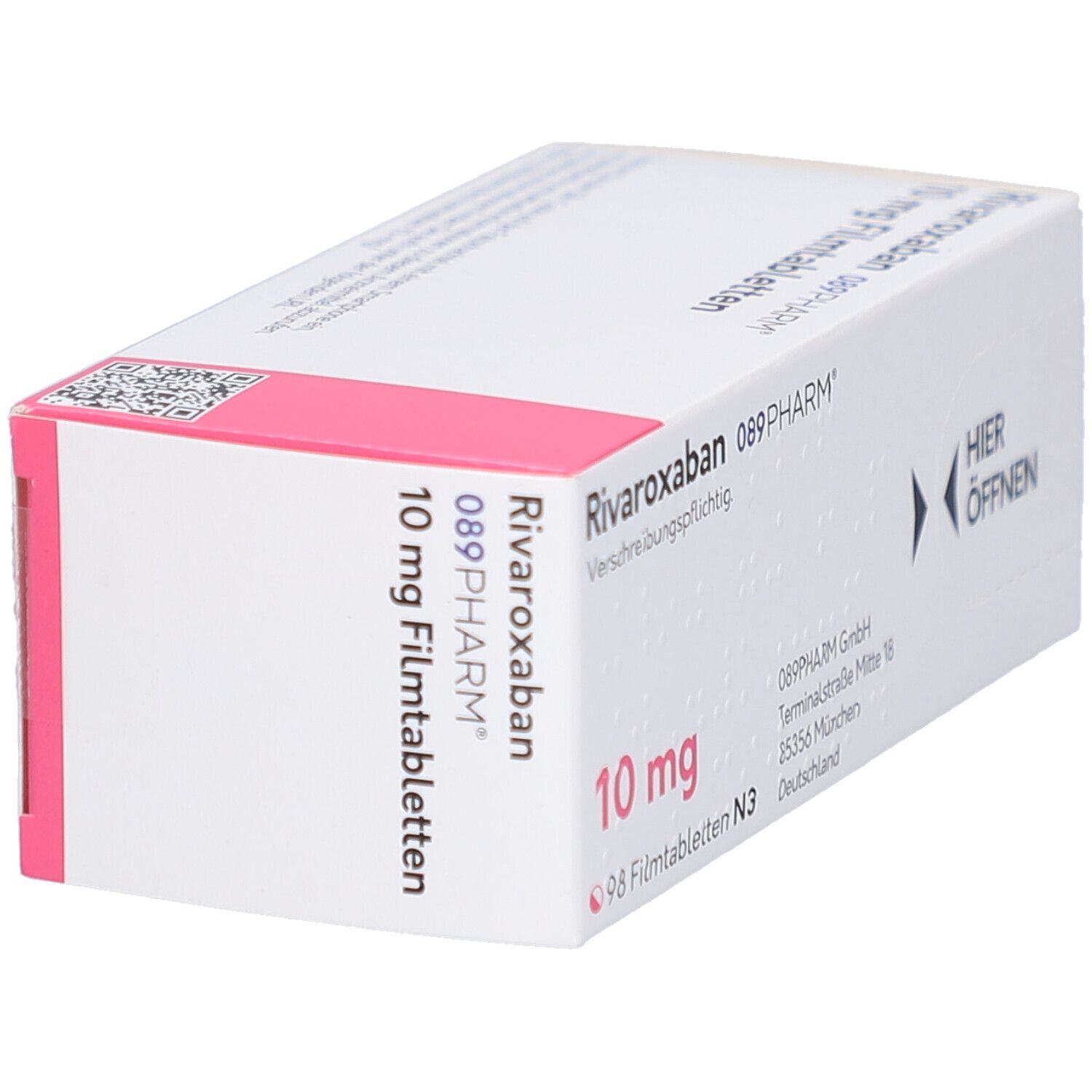 RIVAROXABAN 089PHARM 10 mg Filmtabletten. Weiße Schachtel mit rosa Akzenten. Aufdruck: 10 mg, 98 Filmtabletten, Rivaroxaban.