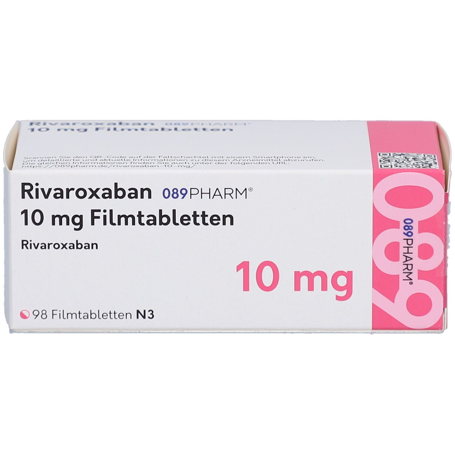 RIVAROXABAN 10 mg Filmtabletten-Packung. Weißer Karton mit rosa Akzenten. Beschriftung: 10 mg, 98 Filmtabletten.