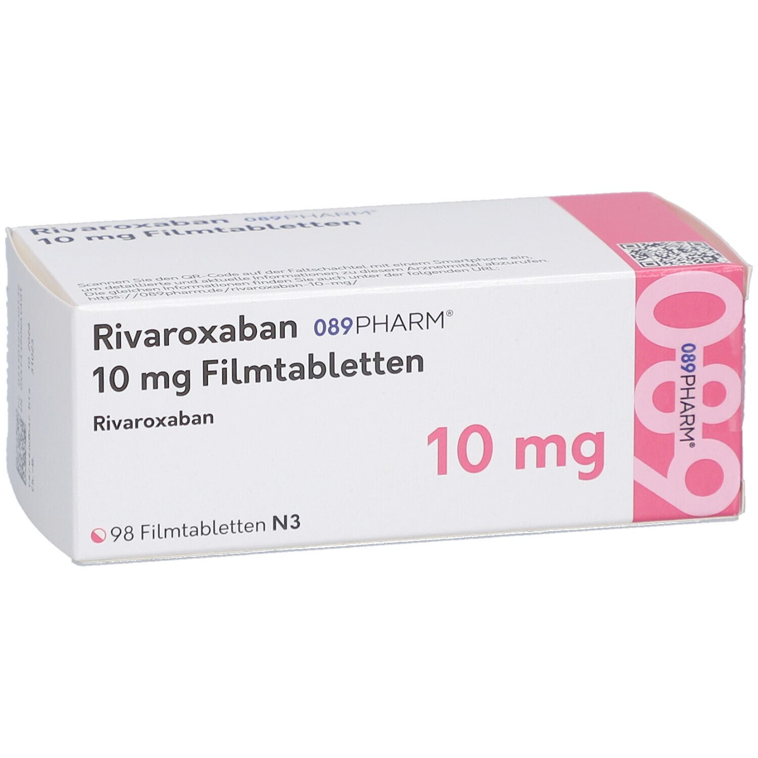 RIVAROXABAN 089PHARM 10 mg Filmtabletten. Weiße Schachtel mit rosa Akzenten. Aufdruck: 10 mg, 98 Filmtabletten, Rivaroxaban.