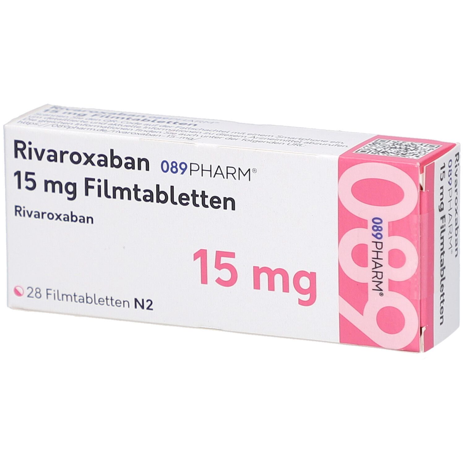 Schachtel mit RIVAROXABAN 089PHARM 15 mg Filmtabletten. Aufschrift: 15 mg, 28 Filmtabletten N2. Rosa und weiße Farbgebung.