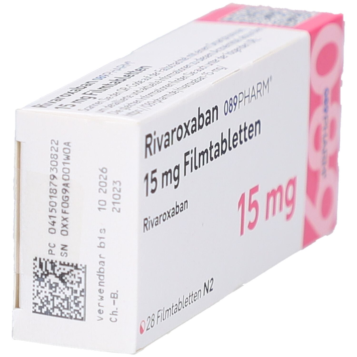 Schachtel mit RIVAROXABAN 089PHARM 15 mg Filmtabletten. Aufschrift: 15 mg, 28 Filmtabletten N2. Mit Barcode und Verfallsdatum.