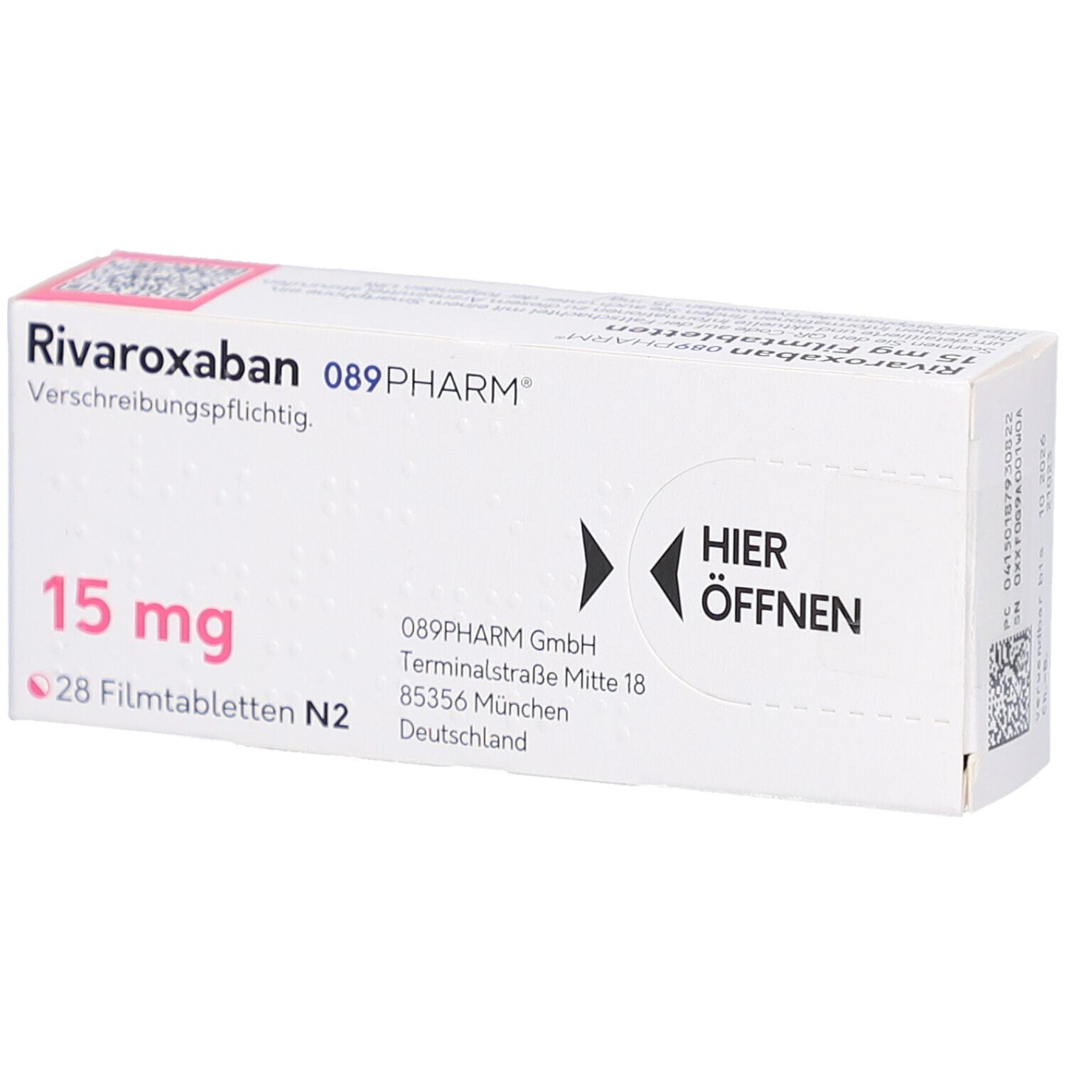 Schachtel mit RIVAROXABAN 089PHARM 15 mg Filmtabletten. Aufschrift: 15 mg, 28 Filmtabletten N2. Mit Öffnungshinweis.