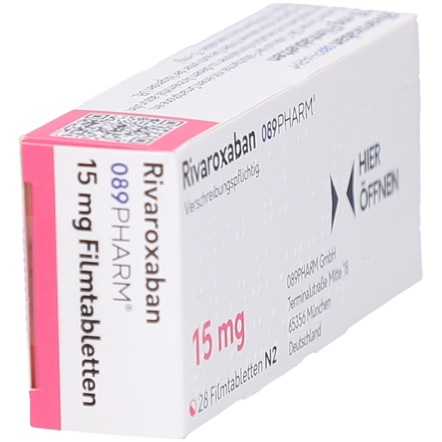 Schachtel mit RIVAROXABAN 089PHARM 15 mg Filmtabletten. Aufschrift: 15 mg, 28 Filmtabletten N2. Ansicht von der Seite.