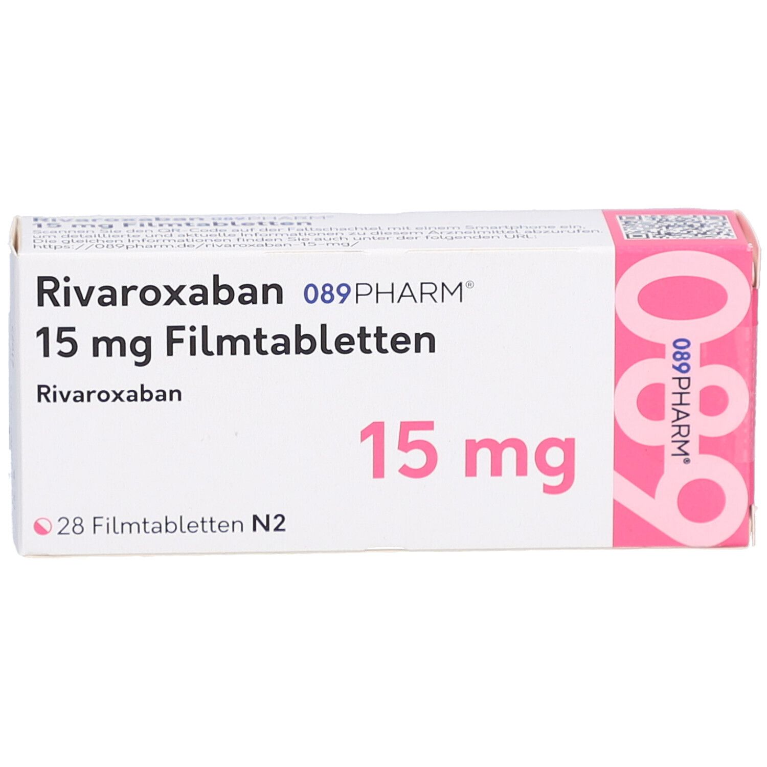 Schachtel mit RIVAROXABAN 089PHARM 15 mg Filmtabletten. Aufschrift: 15 mg, 28 Filmtabletten N2. Rosa und weiße Farbgebung.