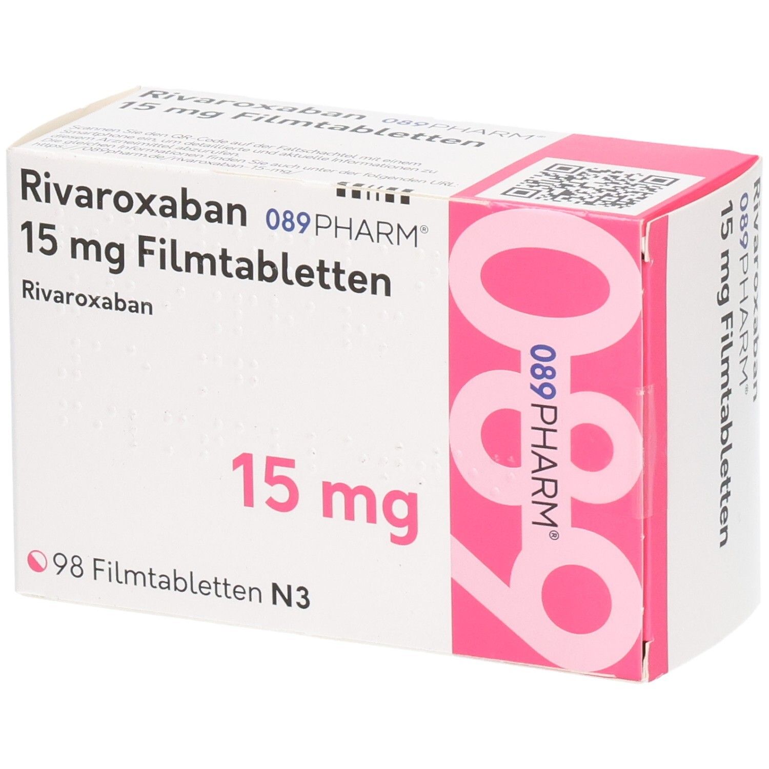 Schachtel mit Rivaroxaban 15 mg Filmtabletten. Aufschrift: 089PHARM, 15 mg, 98 Filmtabletten. Rosa und weiße Verpackung.