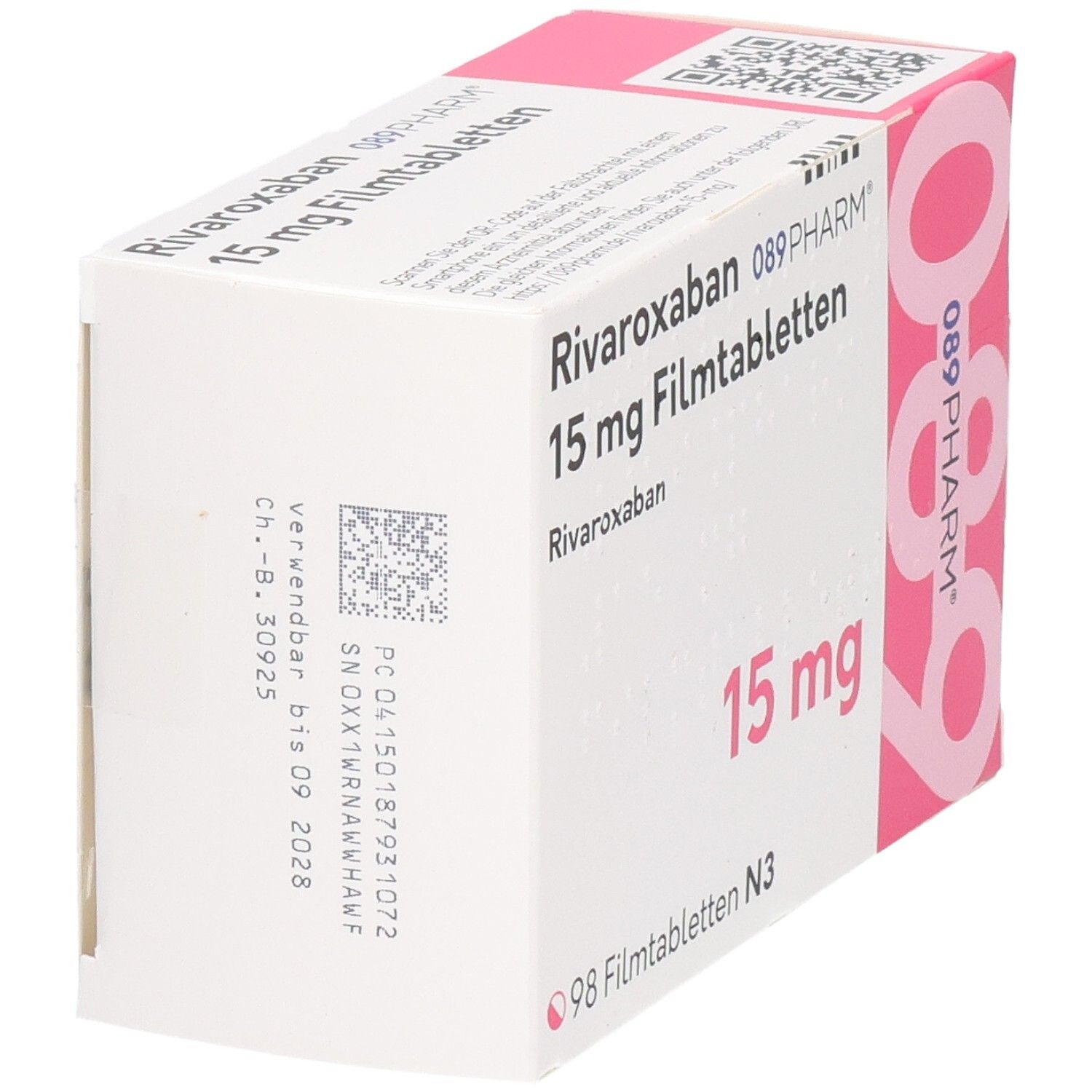 Schachtel mit Rivaroxaban 15 mg Filmtabletten. Aufschrift: 089PHARM, 15 mg, 98 Filmtabletten. Rückseite mit Barcode und Verfallsdatum.