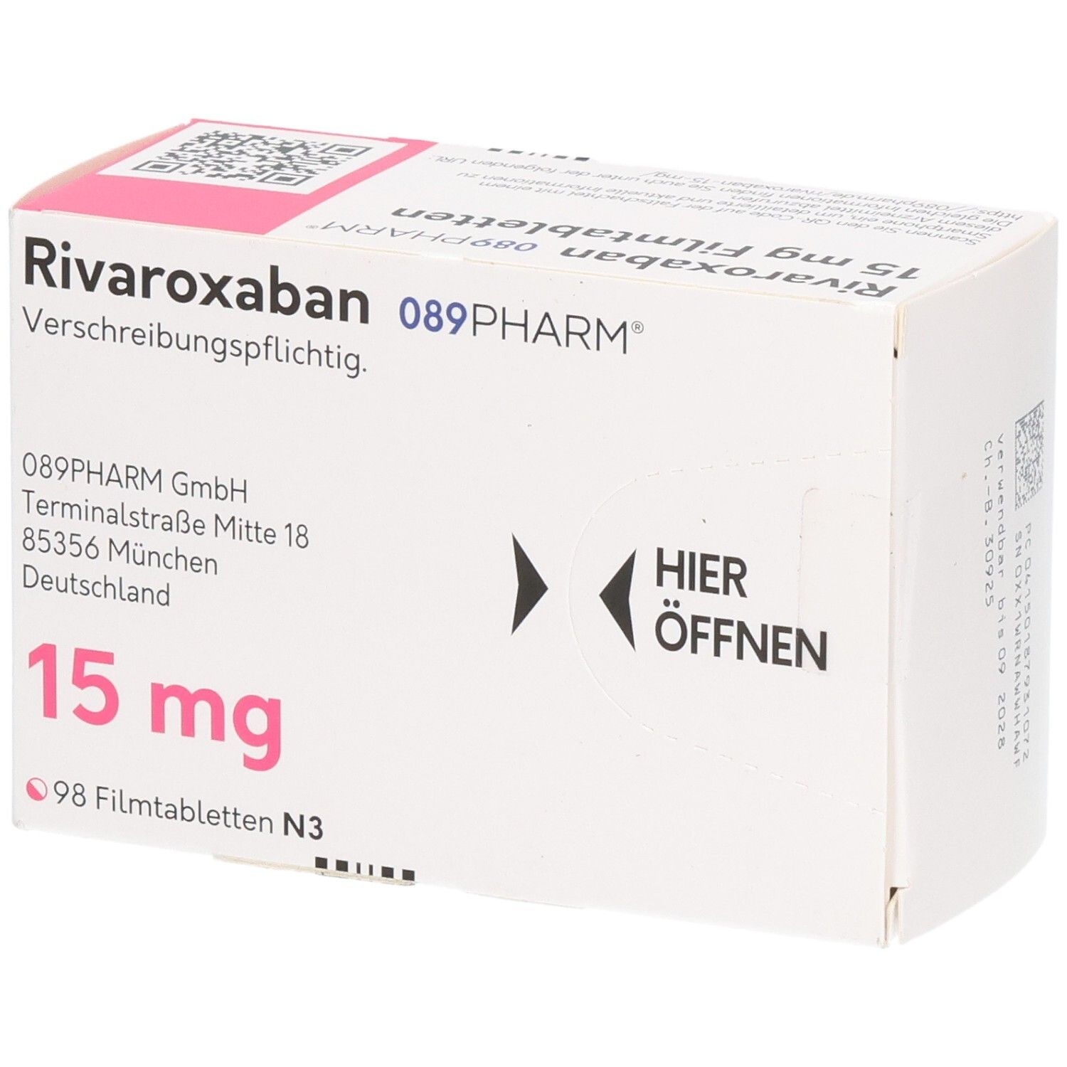 Schachtel mit Rivaroxaban 15 mg Filmtabletten. Aufschrift: 089PHARM, 15 mg, 98 Filmtabletten. Öffnungshinweis.