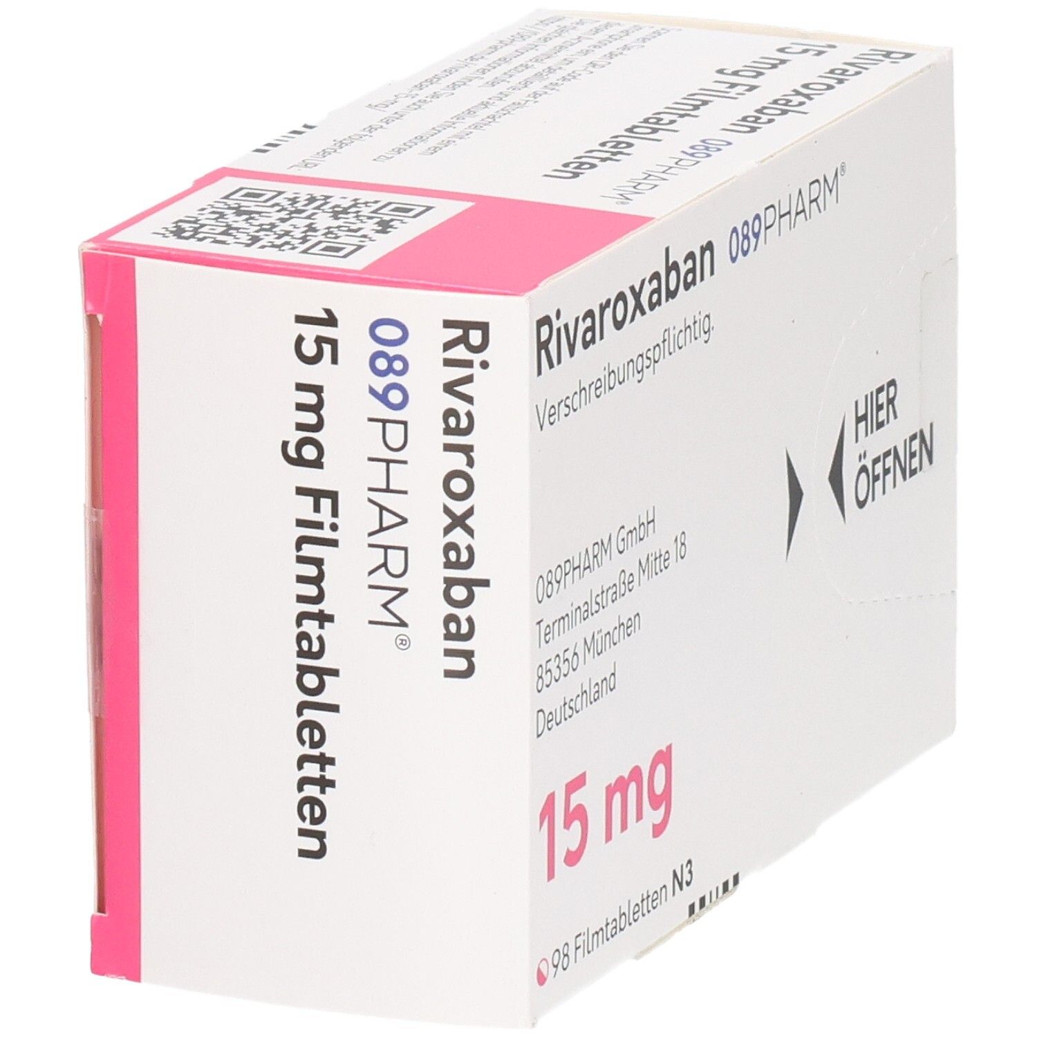 Schachtel mit Rivaroxaban 15 mg Filmtabletten. Aufschrift: 089PHARM, 15 mg, 98 Filmtabletten. Ansicht von der Seite.