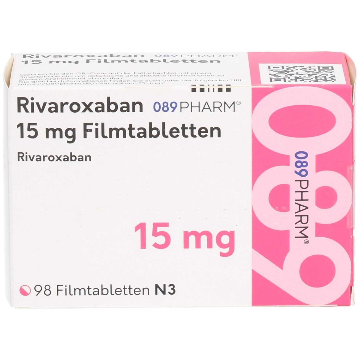 Schachtel mit Rivaroxaban 15 mg Filmtabletten. Aufschrift: 089PHARM, 15 mg, 98 Filmtabletten. Ansicht von vorne.