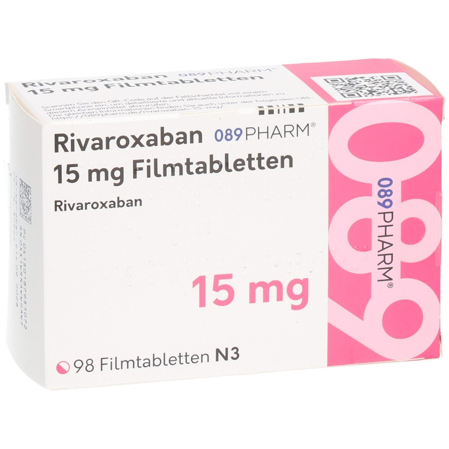 Schachtel mit Rivaroxaban 15 mg Filmtabletten. Aufschrift: 089PHARM, 15 mg, 98 Filmtabletten. Ansicht von vorne.