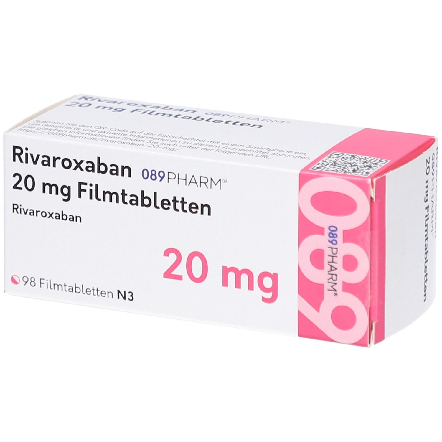 RIVAROXABAN 089PHARM 20 mg Filmtabletten-Packung. Weiße Schachtel mit rosa Akzenten. Aufschrift: 20 mg, 98 Filmtabletten.