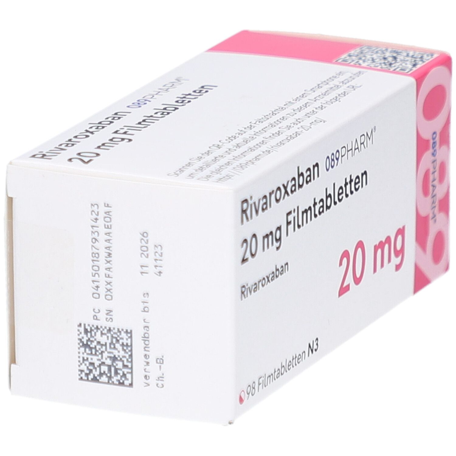 RIVAROXABAN 089PHARM 20 mg Filmtabletten-Packung. Weiße Schachtel mit rosa Akzenten. Aufschrift: 20 mg, 98 Filmtabletten. QR-Code.